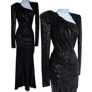 The Attico Black Sequin Asymmetrical Long Sleeve Dress Formal Gown IT38